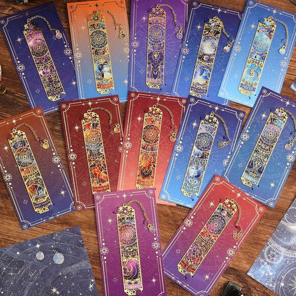 $8 LIVE! Zodiac metal work bookmarks w/ enamel & golden details & zodiac charm - Picture 2 of 3